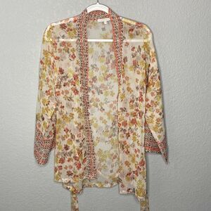 Olivaceous Off White Floral Print Tie Front Sheer Cardigan Size Small